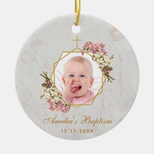 Girl Baptism Foto roze orchideeën Floral Gold Marb Keramisch Ornament (Voorkant)