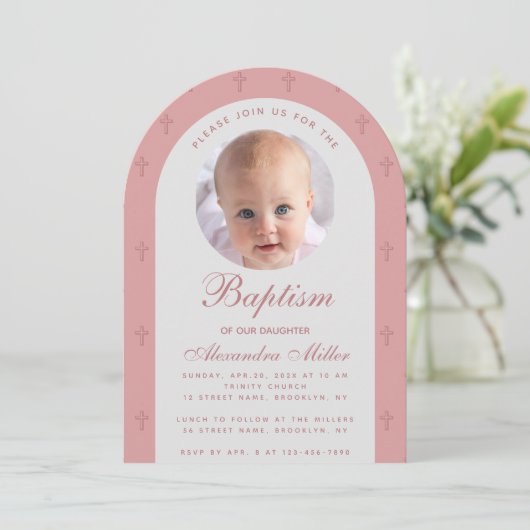 Girl Baptism Fotoroze Stusty Roos Arch Modern Kaart (Staand voorkant)