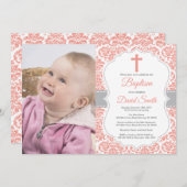 Girl Baptism Invitation Coral Red en Grey Damask Kaart (Voorkant / Achterkant)