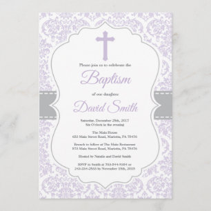 Girl Baptism Invitation Paars en Grey Damask Kaart