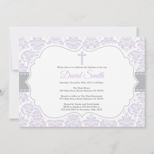 Girl Baptism Invitation Paars en Grey Damask Kaart (Voorkant)