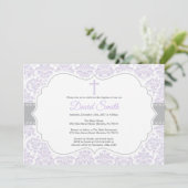 Girl Baptism Invitation Paars en Grey Damask Kaart (Staand voorkant)