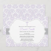 Girl Baptism Invitation Paars en Grey Damask Kaart (Voorkant / Achterkant)