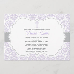 Girl Baptism Invitation Paars en Grey Damask Kaart