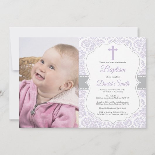 Girl Baptism Invitation Paars en Grey Damask Kaart (Voorkant)