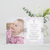 Girl Baptism Invitation Paars en Grey Damask Kaart (Staand voorkant)