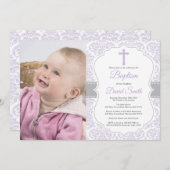 Girl Baptism Invitation Paars en Grey Damask Kaart (Voorkant / Achterkant)