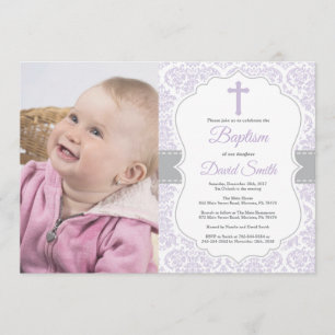 Girl Baptism Invitation Paars en Grey Damask Kaart