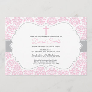 Girl Baptism Invitation Pink and Grey Damask Kaart