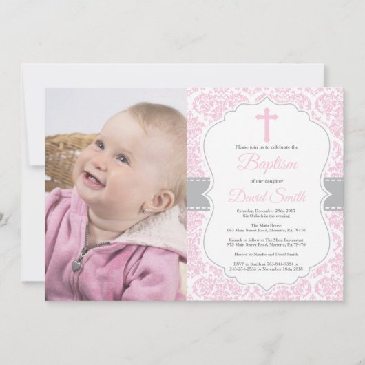 Girl Baptism Invitation Pink and Grey Damask Kaart (Voorkant)