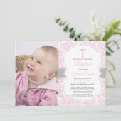 Girl Baptism Invitation Pink and Grey Damask Kaart (Staand voorkant)