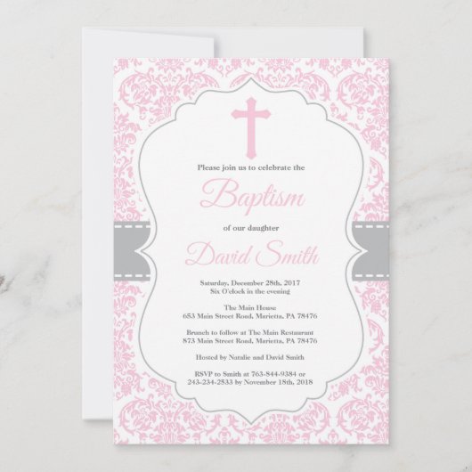 Girl Baptism Invitation Pink and Grey Damask Kaart (Voorkant)