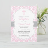 Girl Baptism Invitation Pink and Grey Damask Kaart (Staand voorkant)