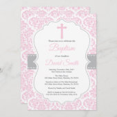 Girl Baptism Invitation Pink and Grey Damask Kaart (Voorkant / Achterkant)
