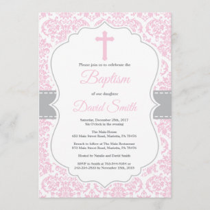 Girl Baptism Invitation Pink and Grey Damask Kaart