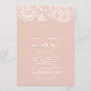 Girl Baptism Invitation Pink Lace Kaart