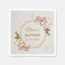 Girl Baptism Marble Floral Orchids Gold Geometric
