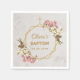 Girl Baptism Marble Floral Orchids Gold Geometric Servet