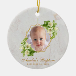 Girl Baptism Photo White Lilies Marble Gold Floral Keramisch Ornament