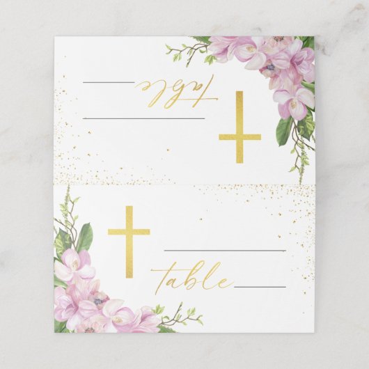 Girl Baptism Pink Flowers and Gold Gross Plaatskaartje (Buitenkant ongevouwen)