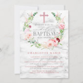 Girl Baptism Roses Marble Cross Elegant Kaart (Voorkant)