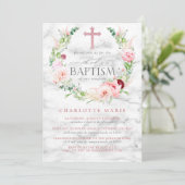 Girl Baptism Roses Marble Cross Elegant Kaart (Staand voorkant)