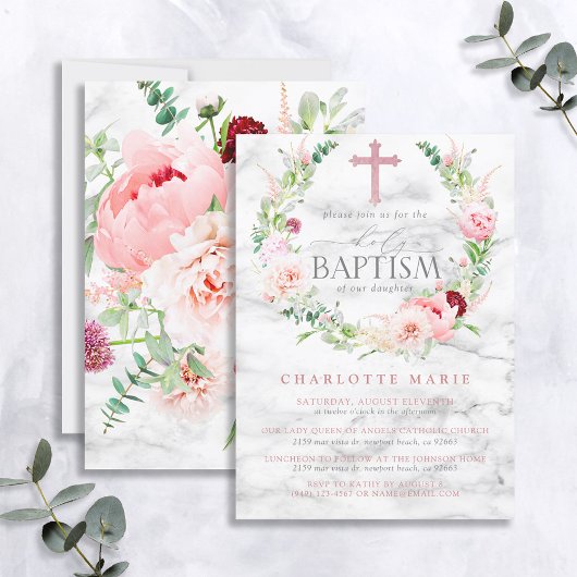 Girl Baptism Roses Marble Cross Elegant Kaart
