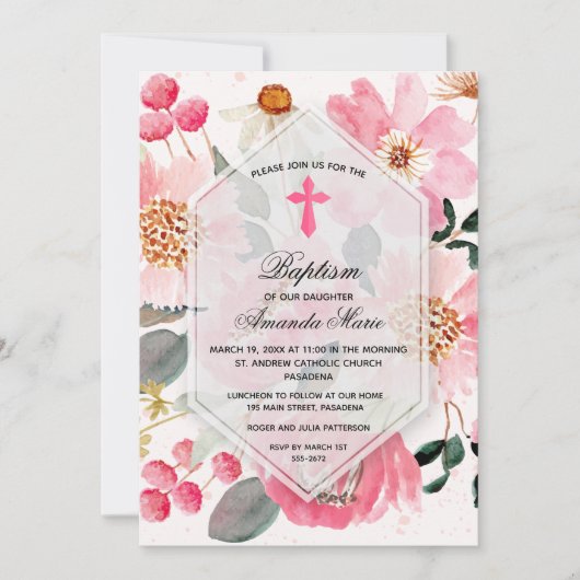 Girl Baptism Waterverf Pink Floral Kaart (Voorkant)