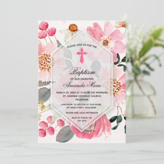 Girl Baptism Waterverf Pink Floral Kaart (Staand voorkant)