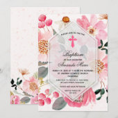 Girl Baptism Waterverf Pink Floral Kaart (Voorkant / Achterkant)