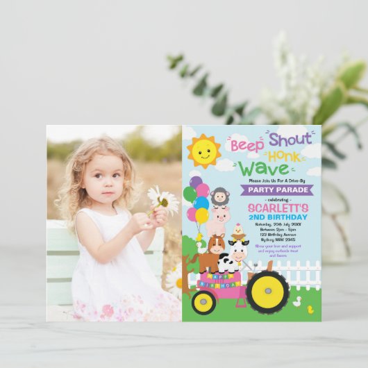 Girl Barnyard Boerderij rijdt met Birthday Party p Kaart (Staand voorkant)