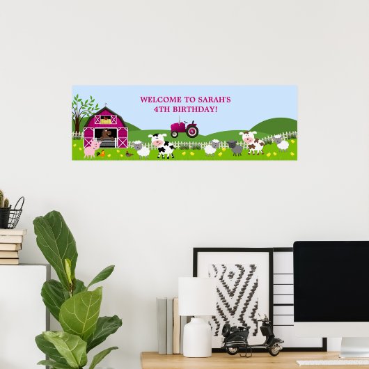 Girl Barnyard Farm Animals Birthday Banner Poster (Thuiskantoor)