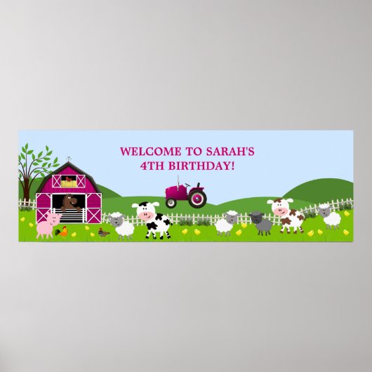 Girl Barnyard Farm Animals Birthday Banner Poster (Voorkant)
