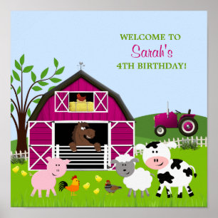 Girl Barnyard Farm Animals Birthday Poster