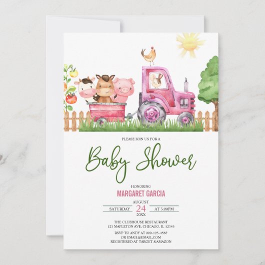 Girl Barnyard Pink Farm Animals Baby shower Kaart (Voorkant)