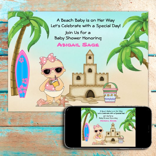 Girl Beach Baby Sandcastle in SurfboardBaby shower Kaart