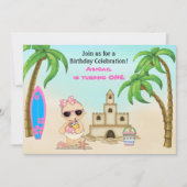 Girl Beach Baby Sandcastle, Surfboard 1 Birthday Kaart (Voorkant)