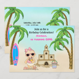 Girl Beach Baby Sandcastle, Surfboard 1 Birthday Kaart