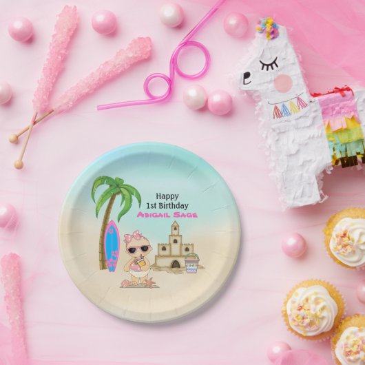 Girl Beach Baby Sandcastle, Surfboard 1 Birthday Papieren Bordje (Feest)
