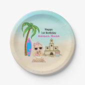Girl Beach Baby Sandcastle, Surfboard 1 Birthday Papieren Bordje (Voorkant)