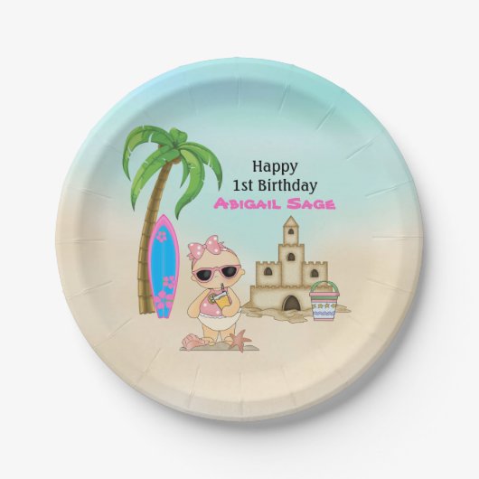 Girl Beach Baby Sandcastle, Surfboard 1 Birthday Papieren Bordje (Voorkant)