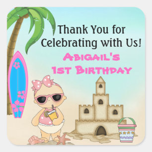 Girl Beach Baby Sandcastle, Surfboard 1 Birthday Vierkante Sticker
