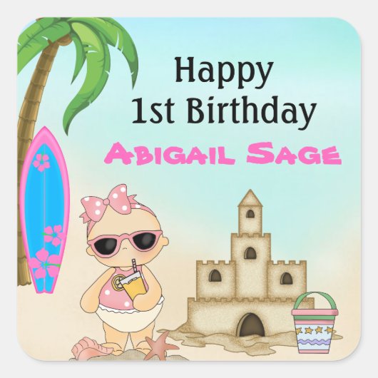 Girl Beach Baby Sandcastle, Surfboard 1 Birthday Vierkante Sticker (Voorkant)