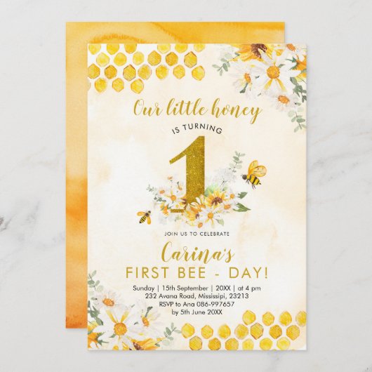 Girl Bee First Birthday Invitation Kaart (Voorkant / Achterkant)