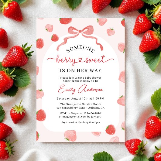 Girl Berry Sweet Bow Gingham Baby shower Kaart