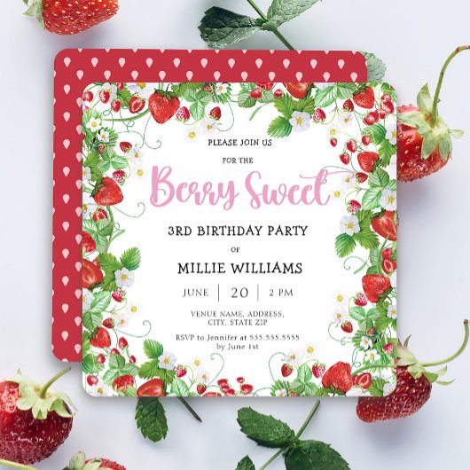 Girl Berry Sweet Square Birthday Party Kaart