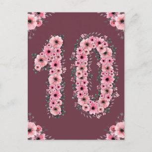 Girl Big 10th Birthday Pink Flowers Green Foliage Briefkaart