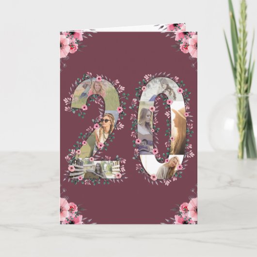 Girl Big 20th Birthday Foto Collage Pink Flower Kaart (Voorkant)