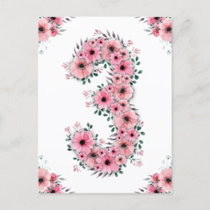 Girl Big 3rd Birthday Pink Flowers Green Foliage Briefkaart
