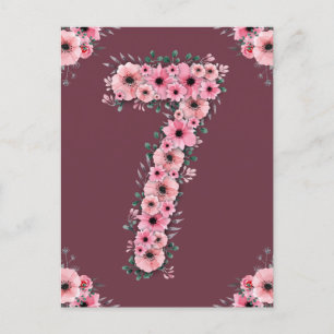 Girl Big 7th Birthday Pink Flowers Green Foliage Briefkaart